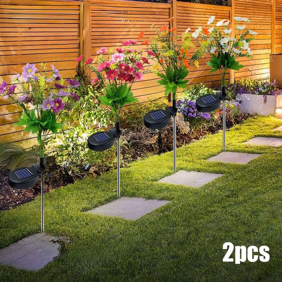 Solar Garden Chrysanthemum Lights 2 Pack, Dancing LED Flower Stake Lights, Solar Powered PVC Waterproof Patio Pathway Landscape Decor, White Pink Orange Purple