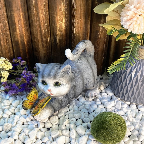 Solar Statue Solar Garden Cute Cat Statue with LED Butterfly Light Outdoor ...