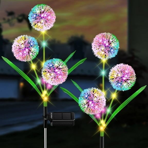 Solar Garden Dandelion Lights, 2 Pack Solar Lights Outdoor Decorative with 36 LED Colorful String Lights, Waterproof Solar Stake Lights for Patio Yard