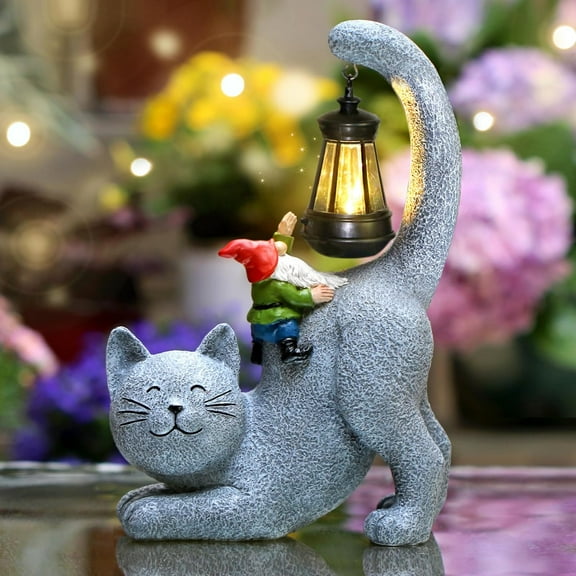 Solar Garden Decor Cat Figurine Light, Cat Outdoor Statue with Solar Lantern, Fairy Garden Ornaments
