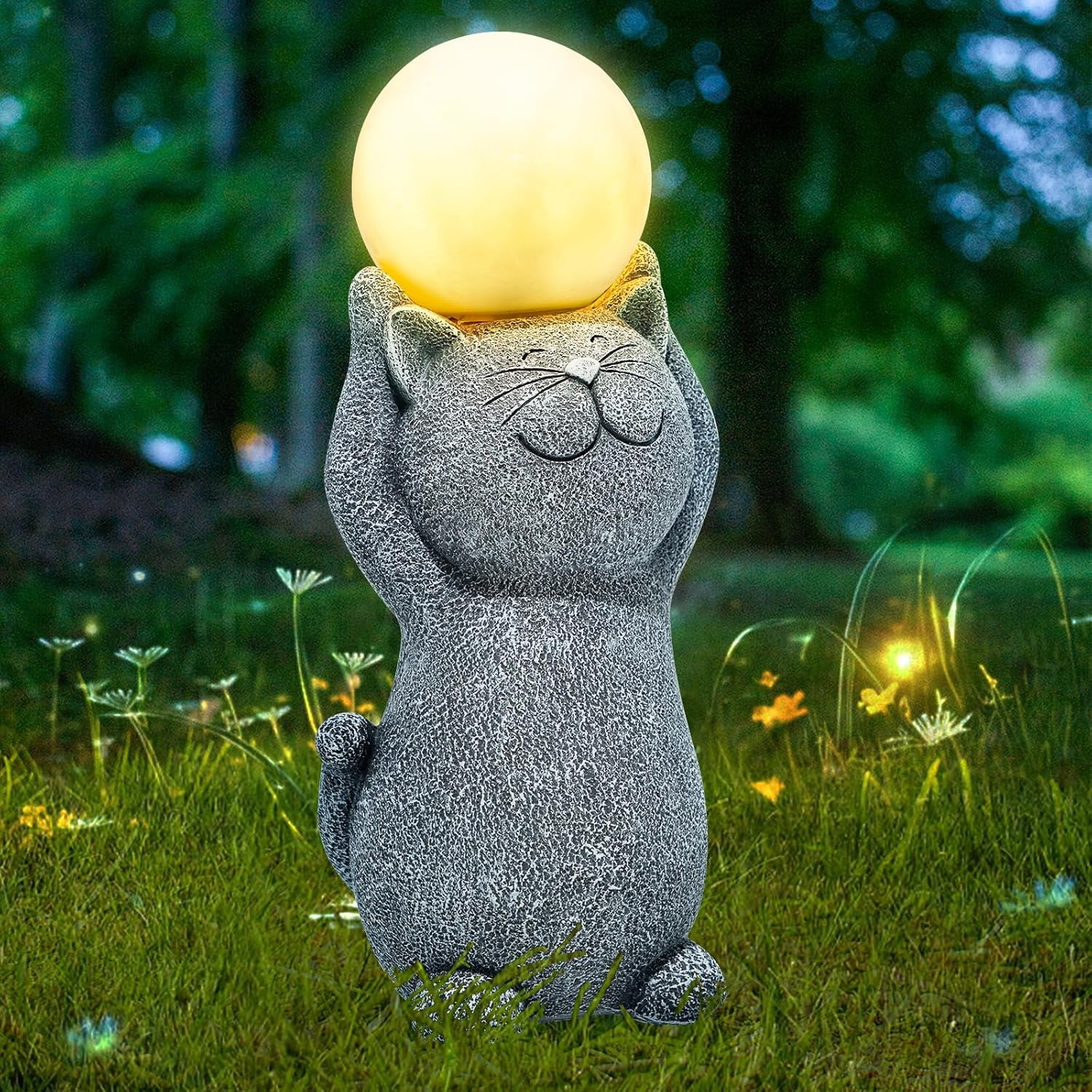 Solar Garden Decor Cat Moon Outdoor Statue and Figurine Lights,Outdoor Patio Sculpture Decor LED Light Gifts for Mom or Daughter, Garden Statues Birthday Gifts for Women Home and Yard with Solar Lamp