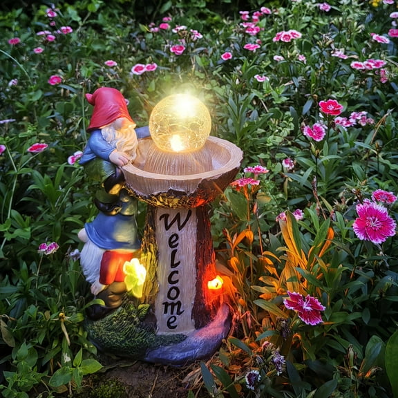 Solar Garden Decor Outdoor Lights Welcome Gnome Figurines with LED Fountain, Christmas Yard Decorations for Outside Porch Patio, Home Deocr Housewarming Gifts