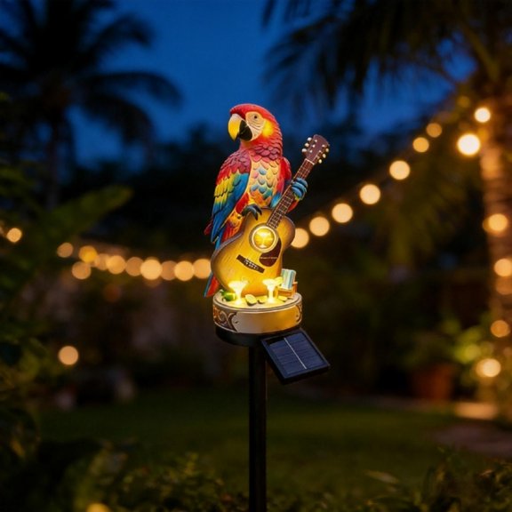 Solar Garden Decor Parrot Light with Guitar,18in Outdoor Bird Lamp Waterproof Solar Powered for Lawn Pathway，1/2/3 Pack(1PC)