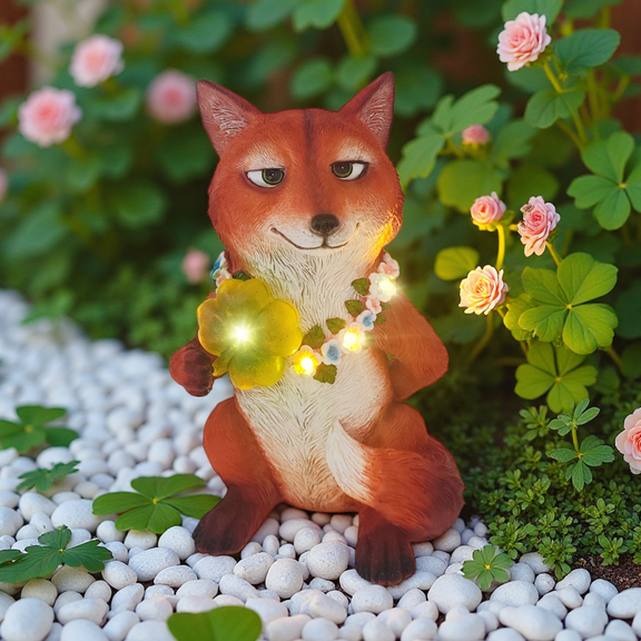 Solar Garden Decor Red Fox Statue with Led Clover and Flowers Lights, Nick Inspired Animated Fox Figurine Light for Outdoor Patio Porch Yard Decoration