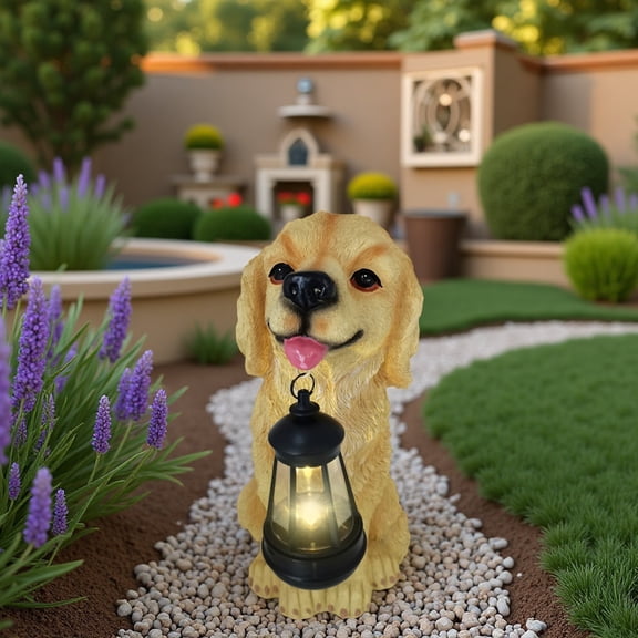 Solar Garden Dog Statue 12 Inch Golden Retriever with Lantern, Resin Outdoor Decor Puppy Figurine Light for Patio Yard Lawn Porch