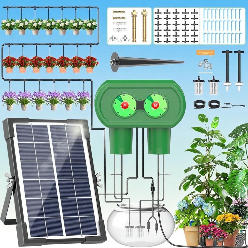 TRJZWA Solar Garden Drip Irrigation System - Split Double Pump with 6 ...