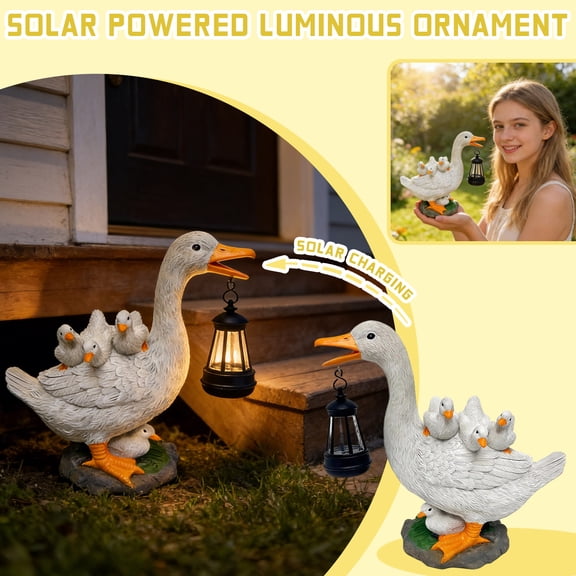 Solar Garden Duck Statue with Hanging Lantern, Outdoor Resin Yard Decoration Featuring Warm Light for Patio Lawn/Courtyard/Pathway, Weather Resistant Spring Garden Decor Gift A