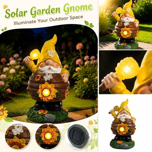 Solar Garden Figurine Decorative Light 9.84x5.70in Gnome Bee Jar Resin Statue Sunflower Planter Design for Outdoor Courtyard Patio Landscape Lighting