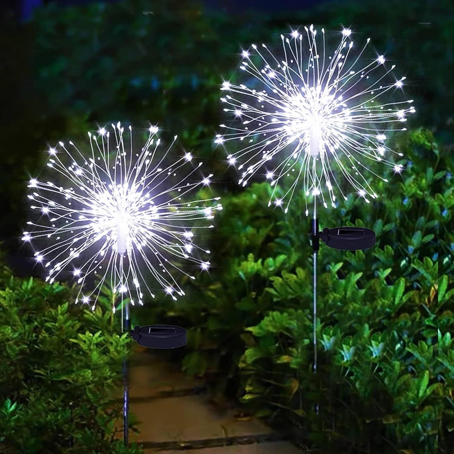 Solar Garden Firework Lights Outdoor Waterproof, 2 Pack Solar Powered Art Stake Twinkle Lighting for Outside Decor, 120 LED Sparklers String Lights for Yard Pathway Decorations(White)