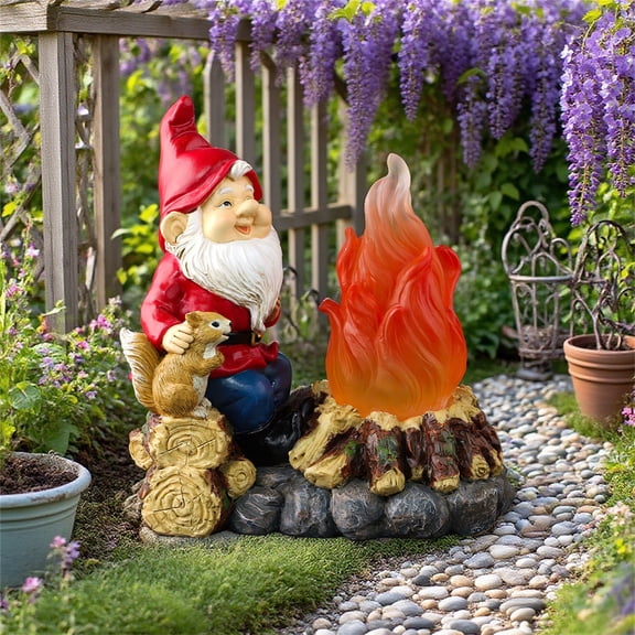 Solar Garden Gnome Figurine with Glowing Campfire Resin Statue Outdoor Yard Art Decoration for Patio Lawn Porch Housewarming Gift