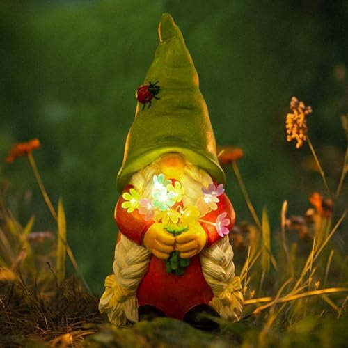 Solar Garden Gnome Lady Statues Outdoor Gnomes with Flowers Lights Fall Porch Patio Lawn Yard Decoration - Ideal Christamas Gardening Birthday Gifts for Woman Mom$$Garden & Patio