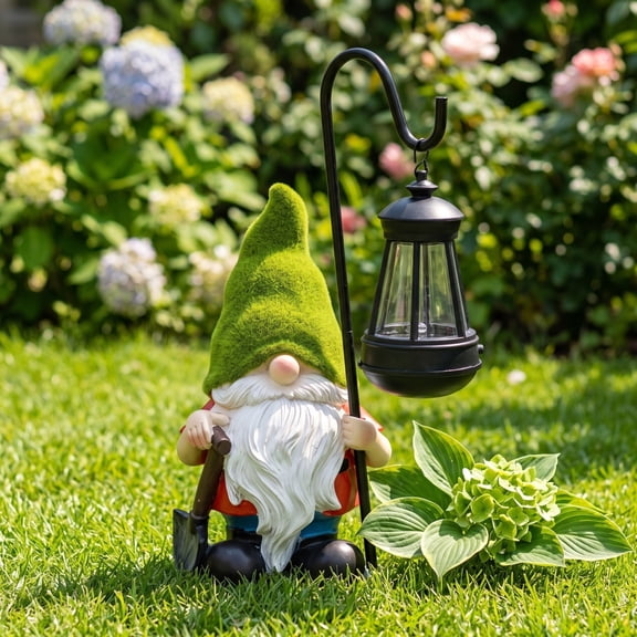 Solar Garden Gnome Resin Figurine, Flocked Hat Dwarf Statue with Spade, Solar Powered Outdoor Decor for Patio Yard Lawn