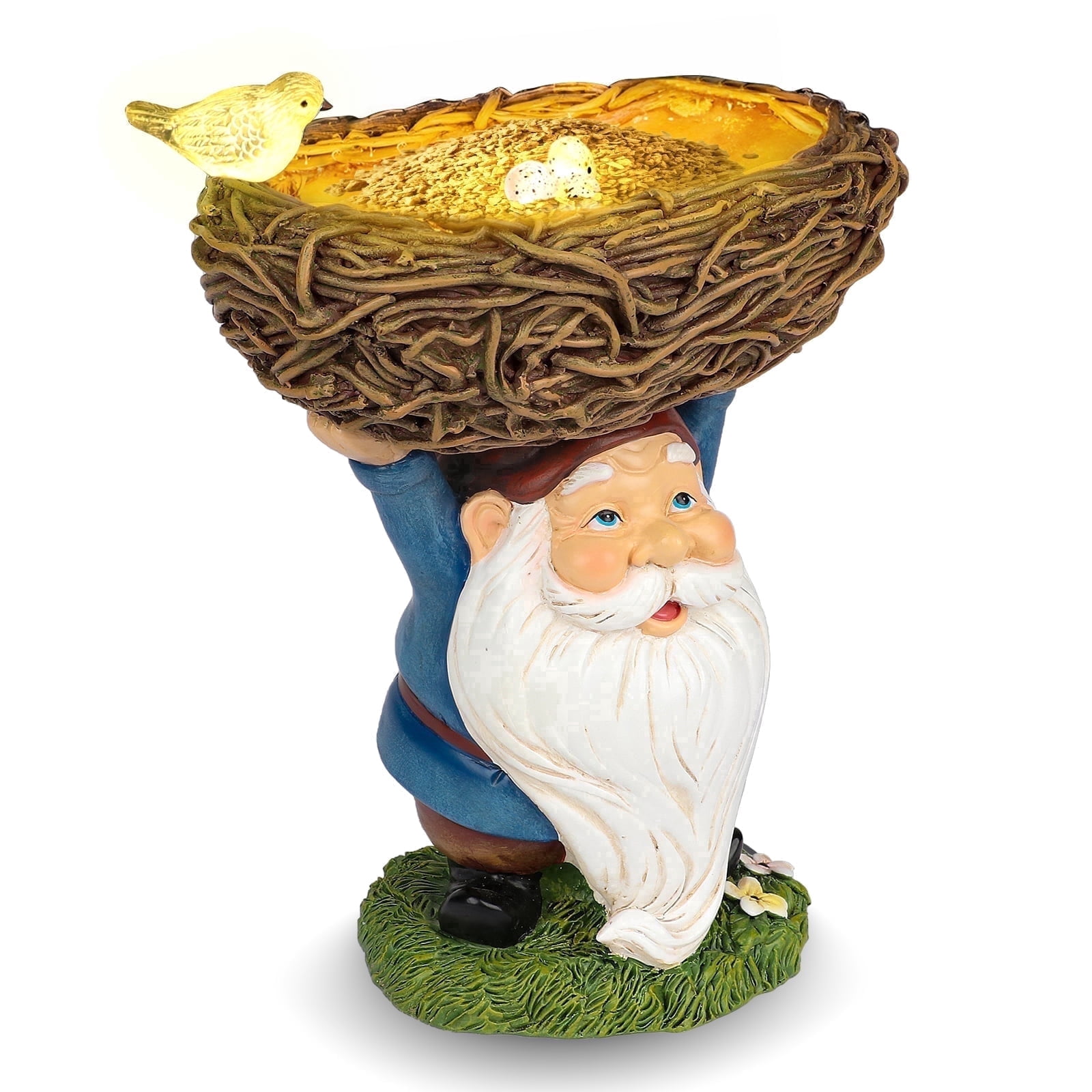 DAK Solar Garden Gnome Statue with Bird Feeder & LED Light, 9" Resin Outdoor Gnome with Nest Bowl, Waterproof UV Resistant