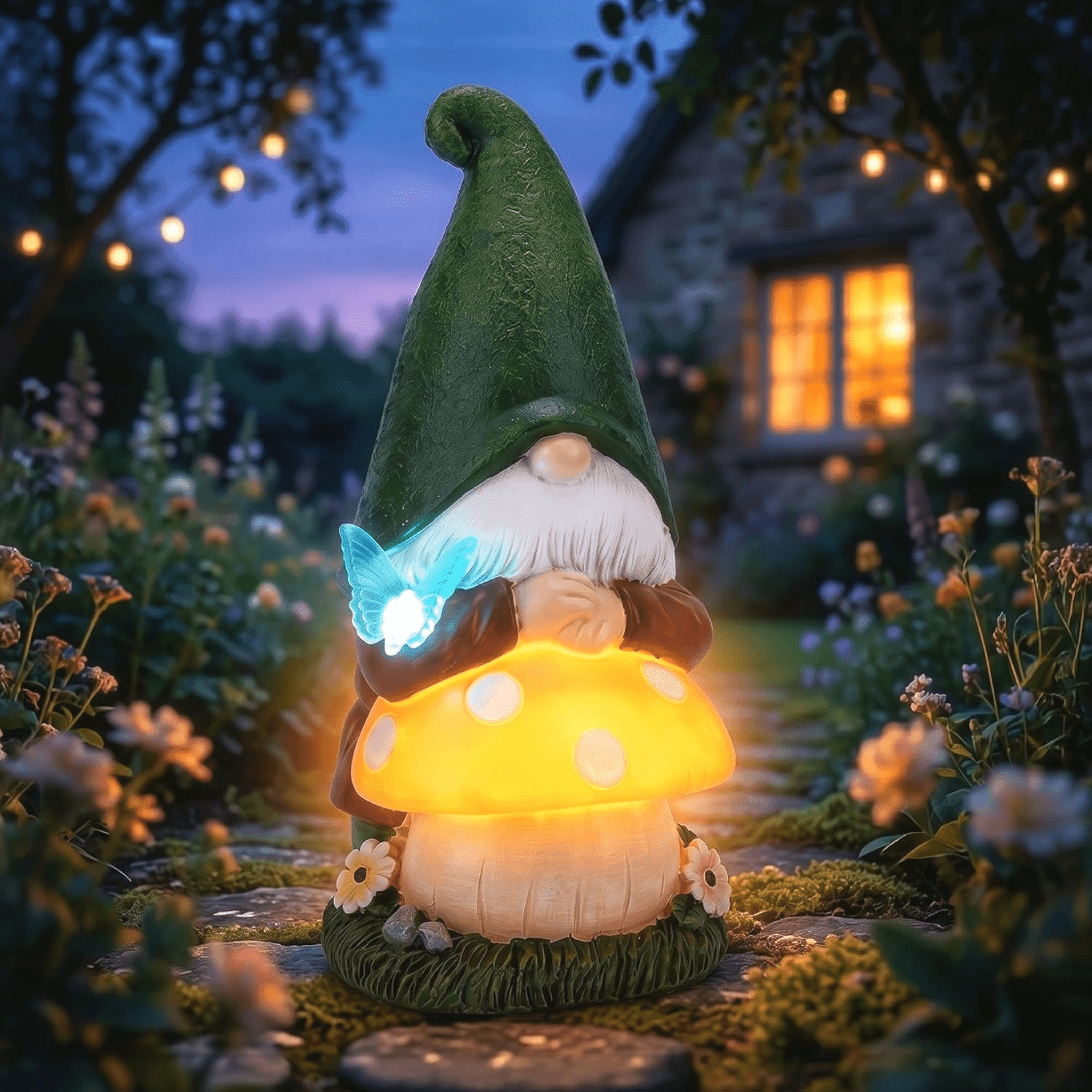DAK 9" Solar Garden Gnome Statue with Glowing Mushroom and Butterfly light, Seasonal Waterproof Resin Outdoor Decor for Yard and Patio