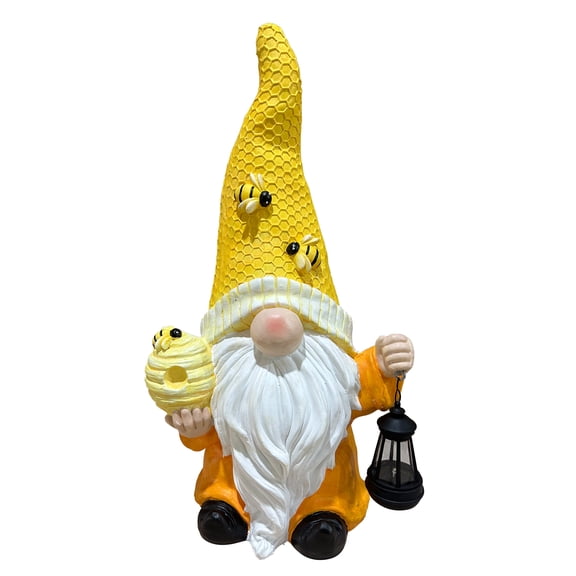 Solar Garden Gnome Statue With Bee Decor & Lantern, 22.4" Magnesium Oxide
