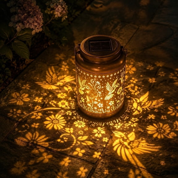 Solar Garden Lantern Outdoor Hanging Lamp with Tree Pattern Projection iron Hollow Waterproof Solar Powered Yard Patio Decor