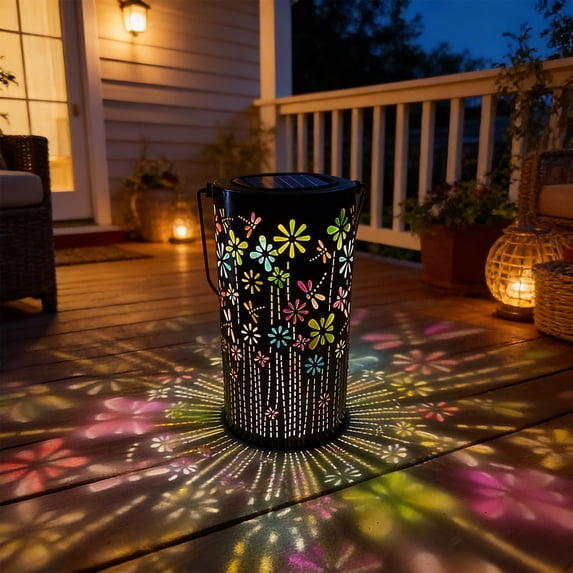 Solar Garden Lantern with Colorful LED Projection, Waterproof Outdoor Hanging Light for Patio, Yard, Porch Decor