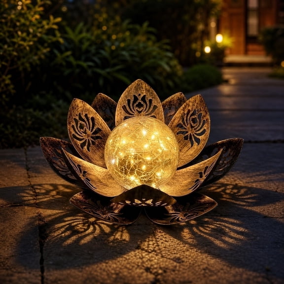Solar Garden Light Iron Art Openwork Lotus Design with Crackle Glass Center In-Ground Stake Outdoor Decor Weather-Resistant Silver