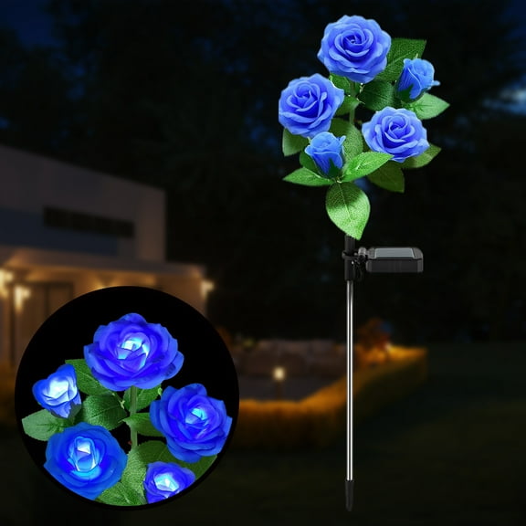 Syenll Solar Garden Light Outdoor, Solar Flower Lights with 5 Rose Flowers, LED Waterproof Solar Lights for Patio Yard Pathway, Blue
