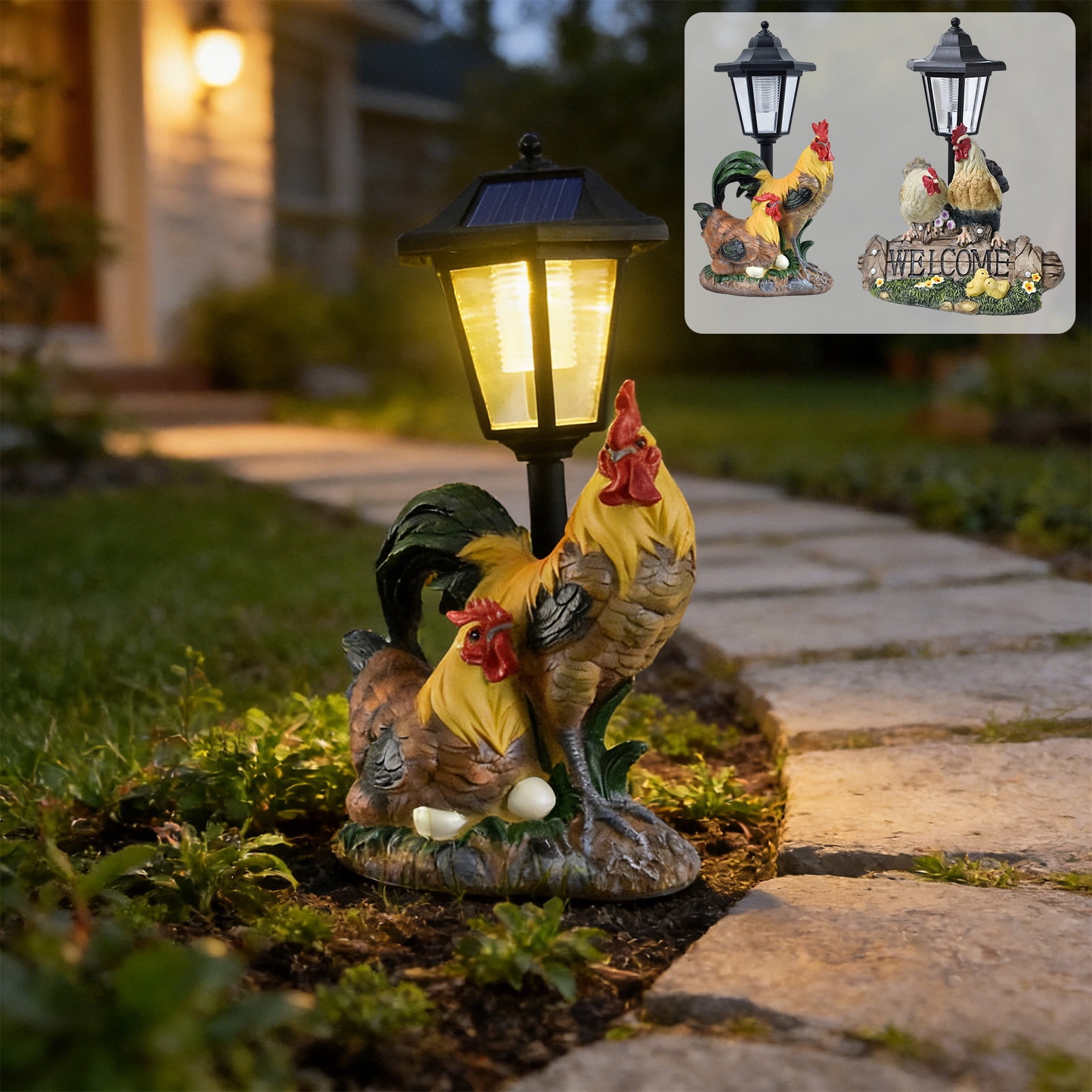 Solar Garden Light Statue Resin Rooster Hen Figurine, Outdoor LED Yard Patio Pathway Decor, Waterproof Solar Powered Memorial Garden Art, 12–13 in Multicolor