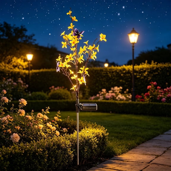Solar Garden Light,Vivid Butterfly and Flower Shaped LED Lamp With All Weather Waterproof Shell,Auto Charge Yard Stake Accessory for Patio Lawn Path and Backyard All Year Round Decoration(Yellow)