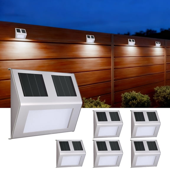 SUNLINKCO Solar Stainless Steel Fence Lights 6 Pack, Outdoor Waterproof Pathway Step Deck Lights, Auto On/Off 6500K Cool White Outdoor Lighting for Garden Stairs, Yard, Patio, Wall, Walkway, Porch