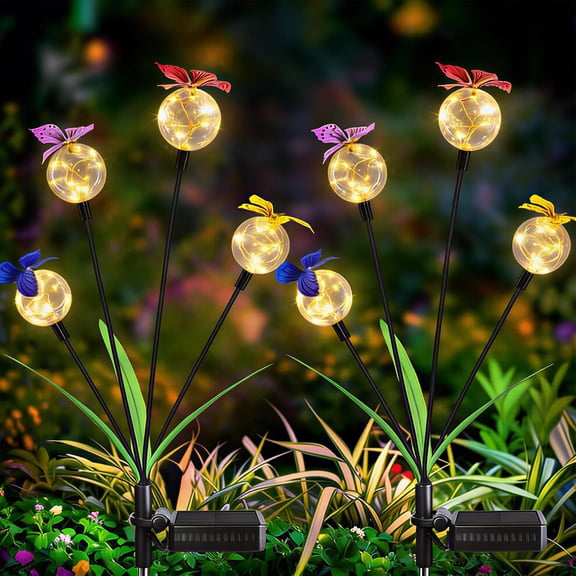 Solar Garden Lights 2 Pack, Butterfly Bulb Path Light Outdoor Waterproof, Flickering Warm Light Firefly Effect Swaying for Lawn Patio Yard Walkway Decoration (Warm)