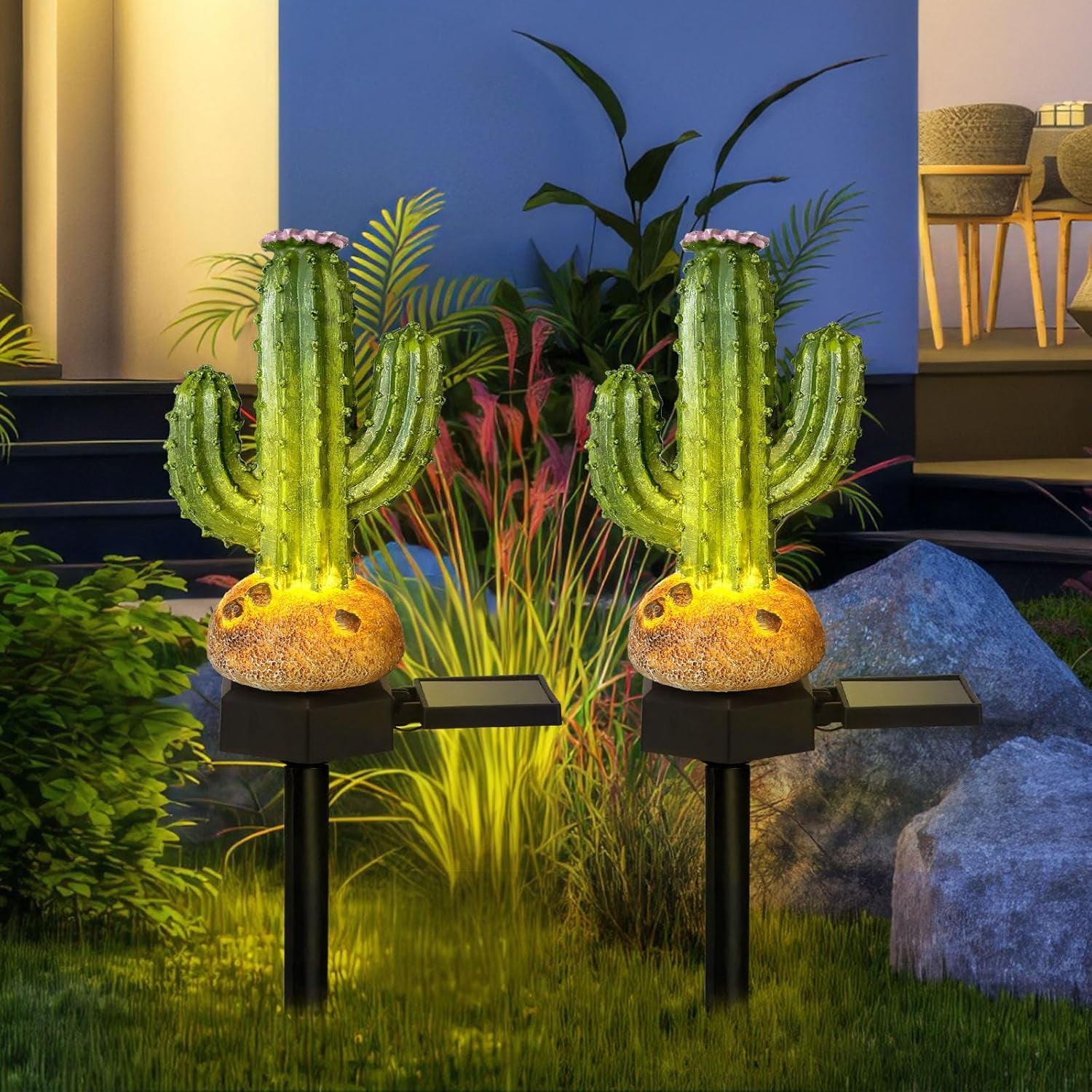 Solar Garden Lights, 2 Pack Cactus Solar Garden Stake Lights, Garden Decor Solar Lights Outdoor Waterproof, Landscape Decorative Solar Lights for Outside Lawn Yard Decor, Garden Gifts (Warm)