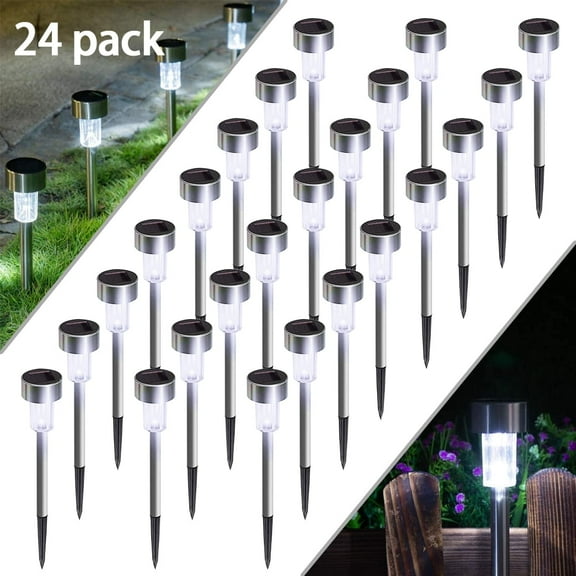 Qishi 24-pack Solar Pathway Lights - Waterproof Stainless Steel LED Landscape Lighting for Yard, Patio & Walkway