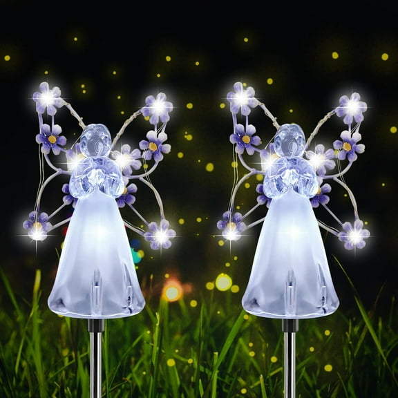 Solar Garden Lights, 2PCS Fairy Angel Solar Powered Waterproof LED Light, Purple Memorial Angel Pathway Lights for Cemetery Grave Garden Yard Lawn Sympathy Gifts