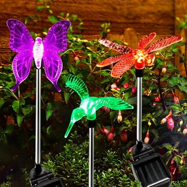 Solar Garden Lights, 3 Pack Solar Garden Stake Light, Multi-color Changing Solar Powered Decorative Landscape Lighting Hummingbird Butterfly Dragonfly for Outdoor Path, Yard, Lawn, Patio
