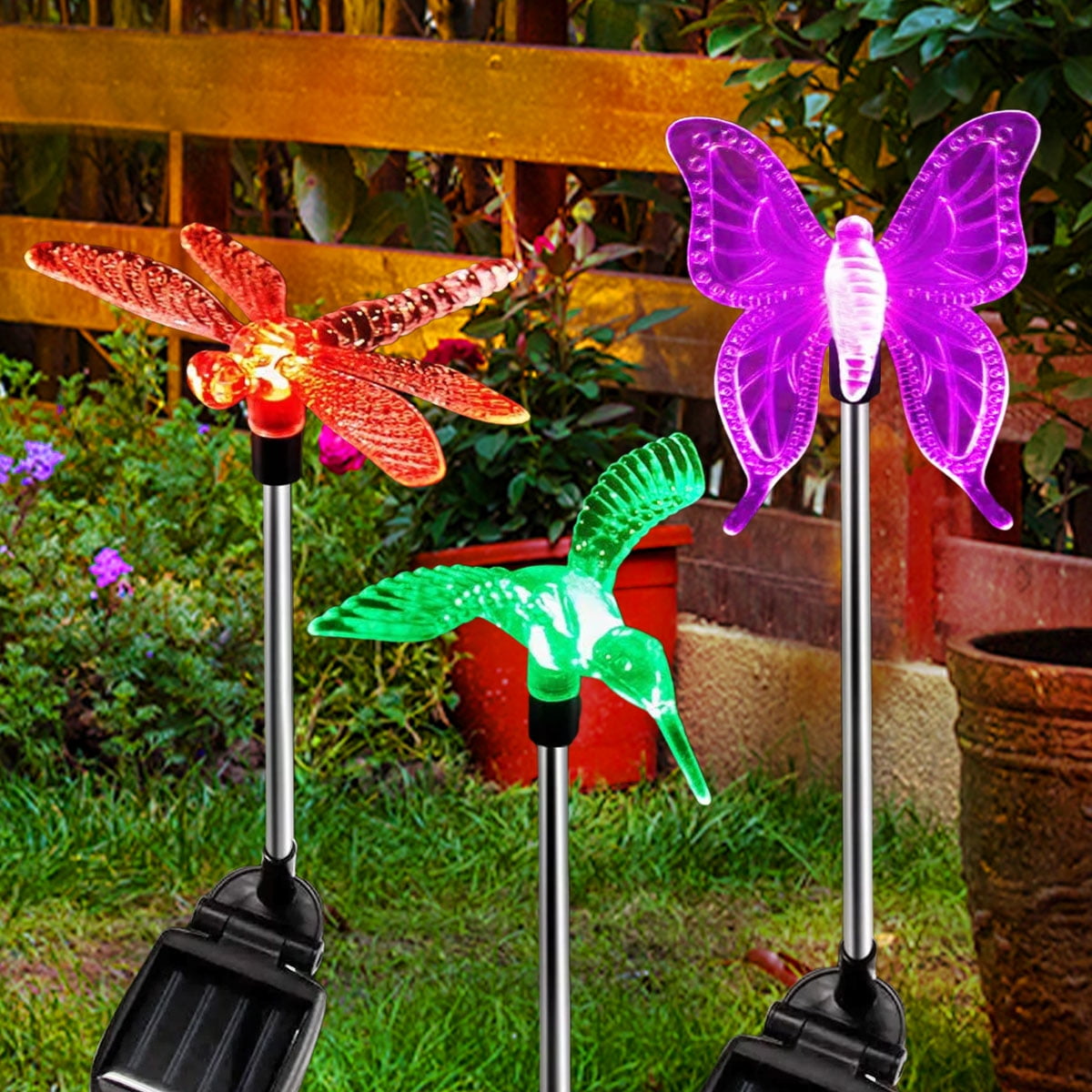 Solar Garden Lights, 3 Pack Solar Garden Stake Light, Multi-color Changing  Solar Powered Decorative Landscape Lighting Hummingbird Butterfly Dragonfly