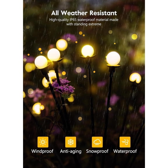 Solar Garden Lights, 4 Pack 48 LED Firefly Lights with 2 Lighting Mode, Sway by Wind, Waterproof Solar Light for Outdoor Outside Yard, Warm White
