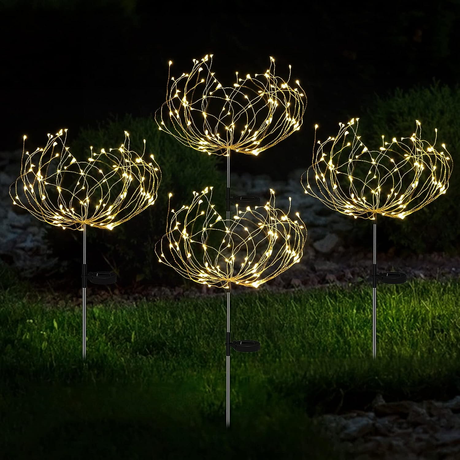 Solar Garden Lights, 4 Pack LED Solar Firework Lights, Dingrich Solar Lights Outdoor with 8 Lighting Modes Firework Lights for Outdoor Patio Walkway Lawn Backyard Party Decoration - Warm White