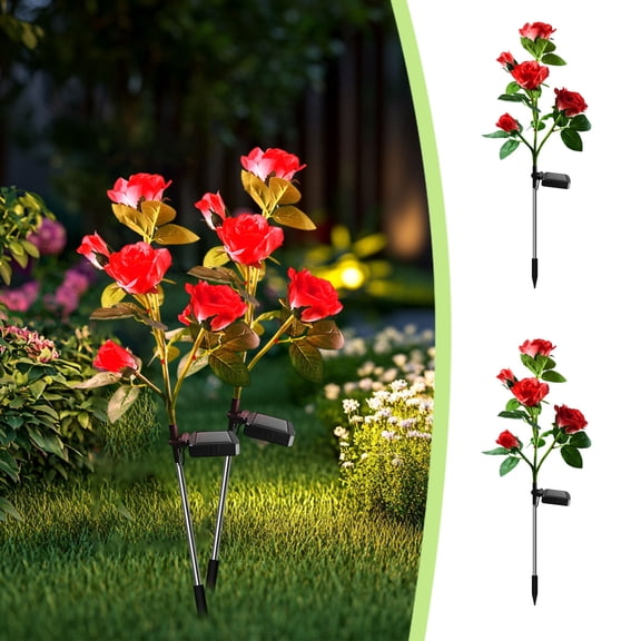 Solar Garden Lights, 5-Head Rose Solar Lights, Waterproof Outdoor Decorative Stakes, Automatic Dusk to Dawn, for Garden, Yard, Pathway, Patio, 28-Inch Tall, 2-Pack
