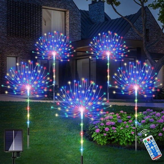 Solar Garden Lights, 5 Pack Firework Lights for Outdoor Decor, 8 Modes 126 LED Solar Lights Outdoor Waterproof with Remote, Landscape Decorative for Yard Pathway Lawn Christmas (Colorful)