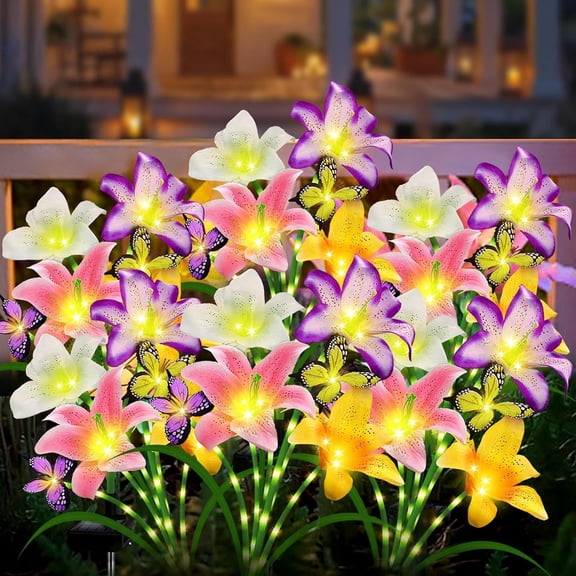 Solar Garden Lights 6 Pack LEDs Solar Lilies Flower Lights, Yard Patio Pathway Decoration High Flexibility Copper Wire Handmade Silk Artificial Flowers Never Wither, Gift for Family Friends