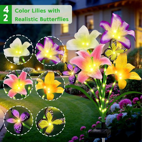 Solar Garden Lights 6 Pack LEDs Solar Lilies Flower Lights, Yard Patio Pathway Decoration High Flexibility Copper Wire Handmade Silk Artificial Flowers Never Wither, Gift for Family Friends