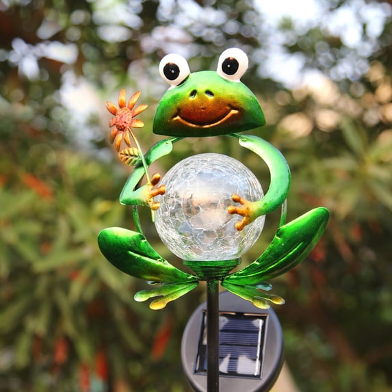 Solar Garden Lights Frog Garden Outdoor Decorations Solar Lights Waterproof Crackle Glass Globe Metal Garden Stake Lights Warm White for Patio, Path, Yard, Lawn