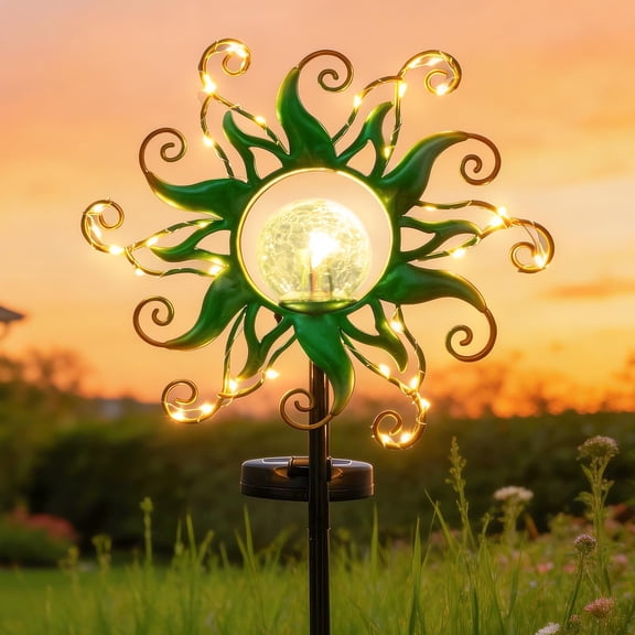 Solar Garden Lights Green Metal Sun Stake 30 LED Waterproof Vine String Crackle Glass Outdoor Decor