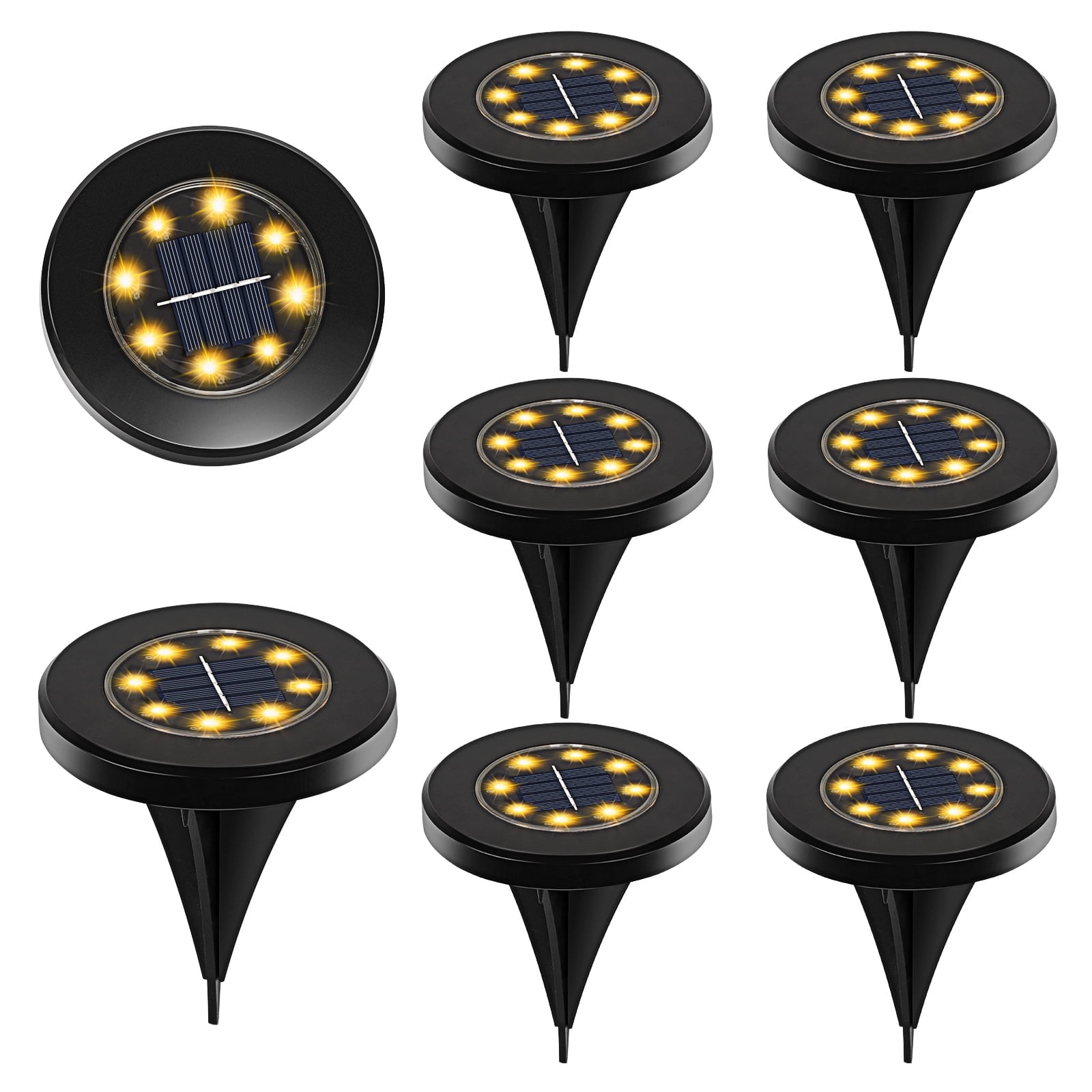 Solar Garden Lights In-Ground Disk 8 LED Warm Light Black Outdoor 8 Pack