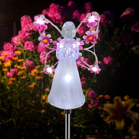 Solar Garden Lights, LED Angel Solar Landscape Decorative Lights, Outdoor Waterproof Solar Garden Stake Lights, Solar Pathway Lights for Patio Yard Lawn Grave Cemetery, Memorial Sympathy Gift (Pink)