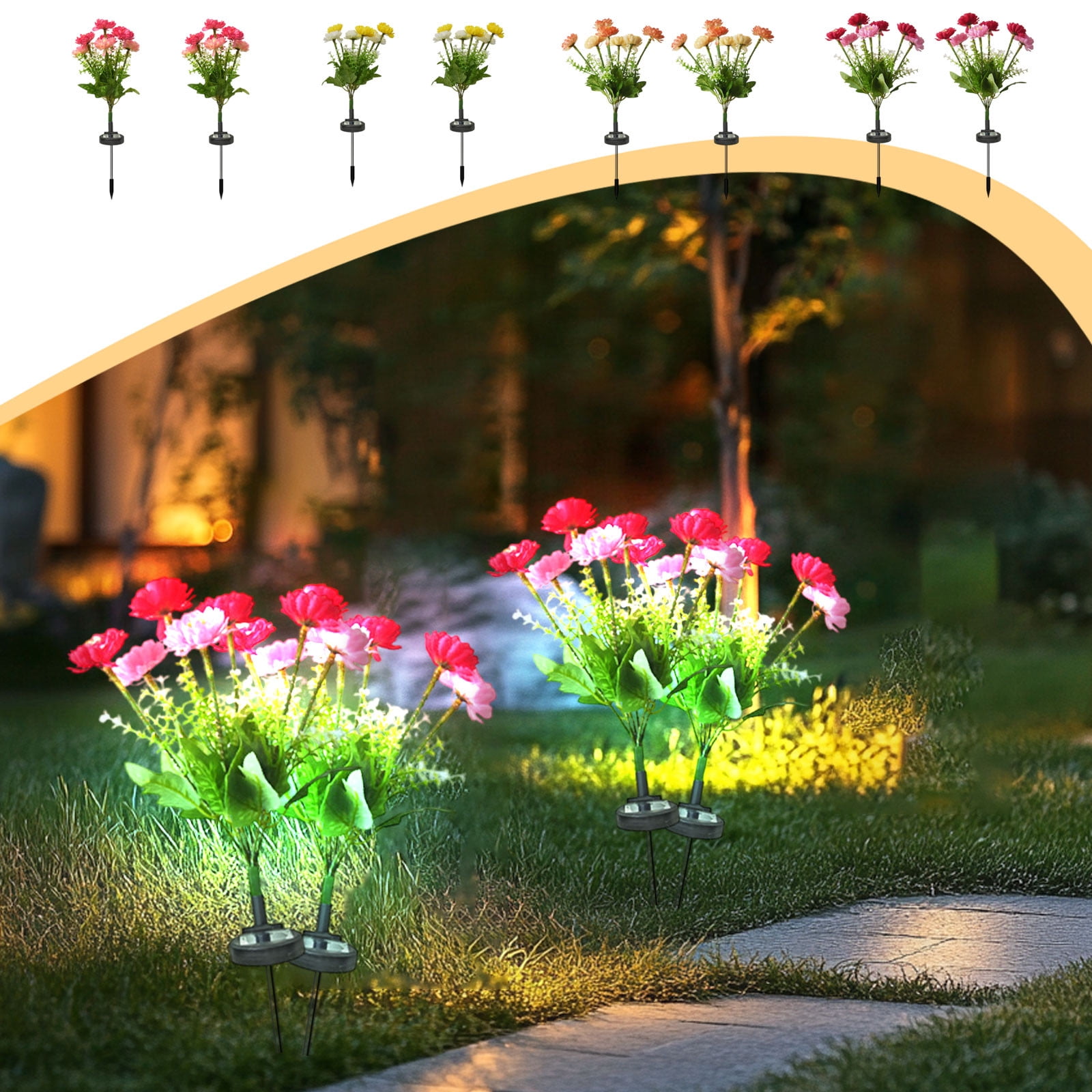 Solar Garden Lights LED Colorful Waterproof Realistic Solar Powered Snow Lotuss Landscape Lights Automatic Lighting In Darkness for Pathway Patio Yard Garden Decor (Yellow + White)