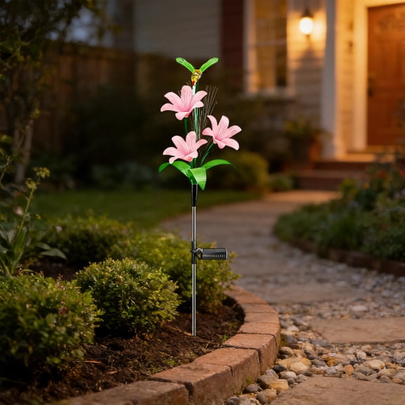 Solar Garden Lights with LED Fiber Optic Lilys and Hummingbirds Decorative Outdoor Lighting for Lawns Pathways Courtyards Auto On Off Weather Resistant Durable Plastic Multicolored Accent Yard Lamp