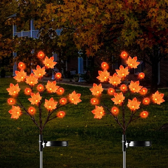 Solar Garden Lights Maple Leaf Pumpkin Decor Ground Stake Lamp for Outdoor Fall Thanksgiving Yard