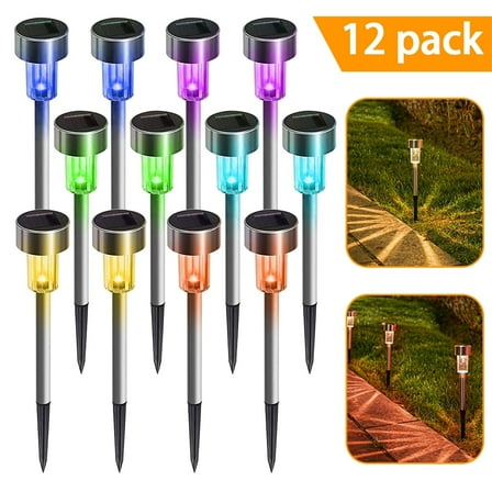 Qishi Solar Garden Lights Outdoor 12 pack, LED Solar Powered Pathway Lights, Stainless Steel Landscape Lighting for Lawn, Patio, Yard, Walkway, Driveway Color
