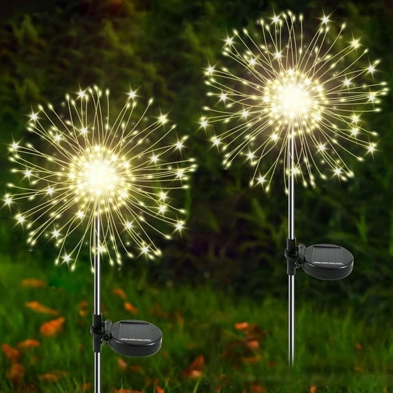 Solar Garden Lights Outdoor, 2 Pack 120 LED Twinkling Firework Lights Decorative with 2 Modes, Outdoor Waterproof Solar Starburst Light for Outside Yard Pathway Garden Decor, Warm White