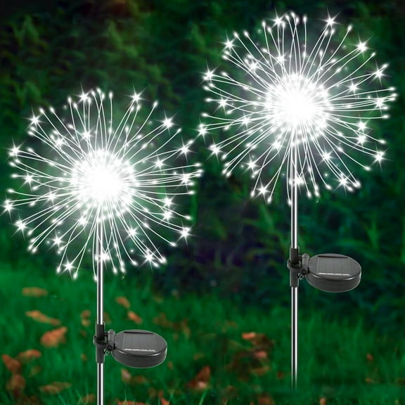 Solar Garden Lights Outdoor, 2 Pack 120 LED Twinkling Firework Lights Decorative with 2 Modes, Outdoor Waterproof Solar Starburst Light for Outside Yard Pathway Garden Decor, White