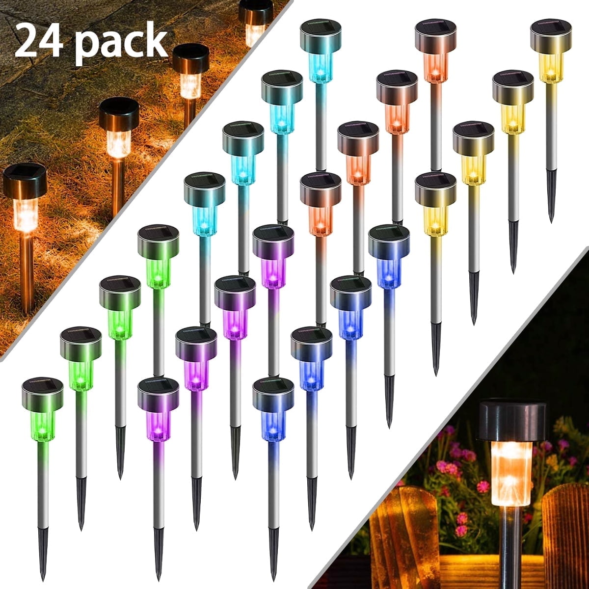 Qishi 24-pack Solar Pathway Lights - LED Stainless Steel Outdoor Lighting for Yard, Walkway