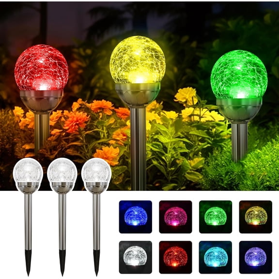 Solar Garden Lights Outdoor, 3 Pack Multi-Color Changing&White 2 Modes Solar Powered Glass Ball Garden Lights Waterproof for Patio Decoration